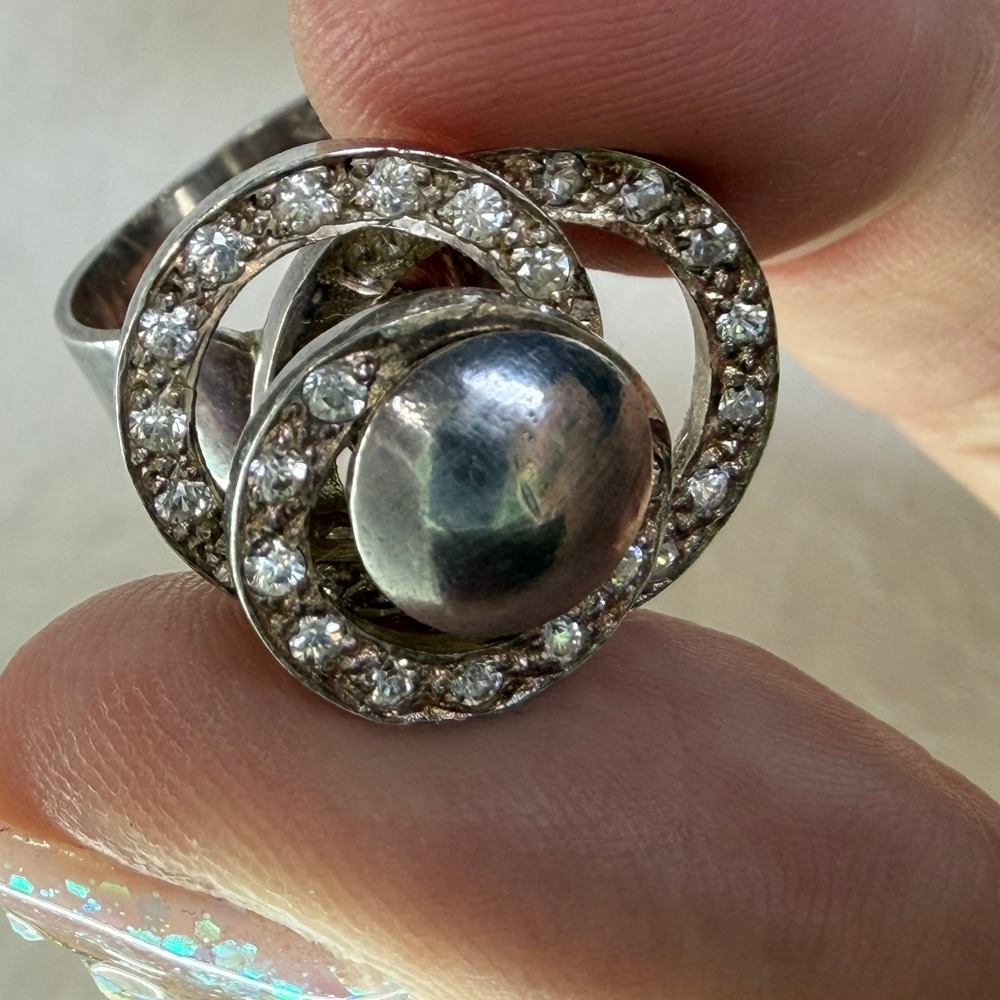 925 Silver Tiered Spiral Pave CZ Stones Fidget Ring Size 6.25 Dome Statement